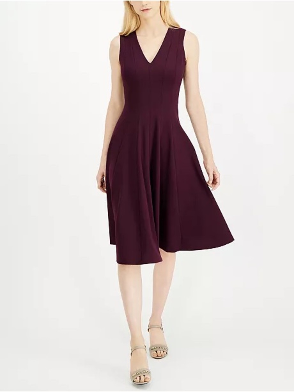 Calvin Klein Sleeveless V-Neck Midi Dress in Plum